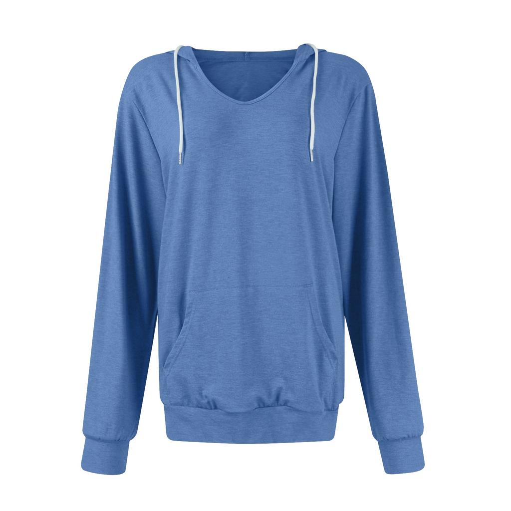 Women's Fashion Casual V Neck Long Sleeve Solid Color Pocket Drawstring Hooded Top