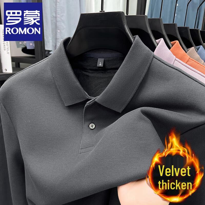 Romon Men's Fleece-Lined Cotton Long Sleeve Polo Shirt