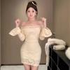 [] Pure Desire Sexy One-word Shoulder Horn Long-sleeved Dress Women's Autumn and Winter Lace Hip Skirt Short Skirt