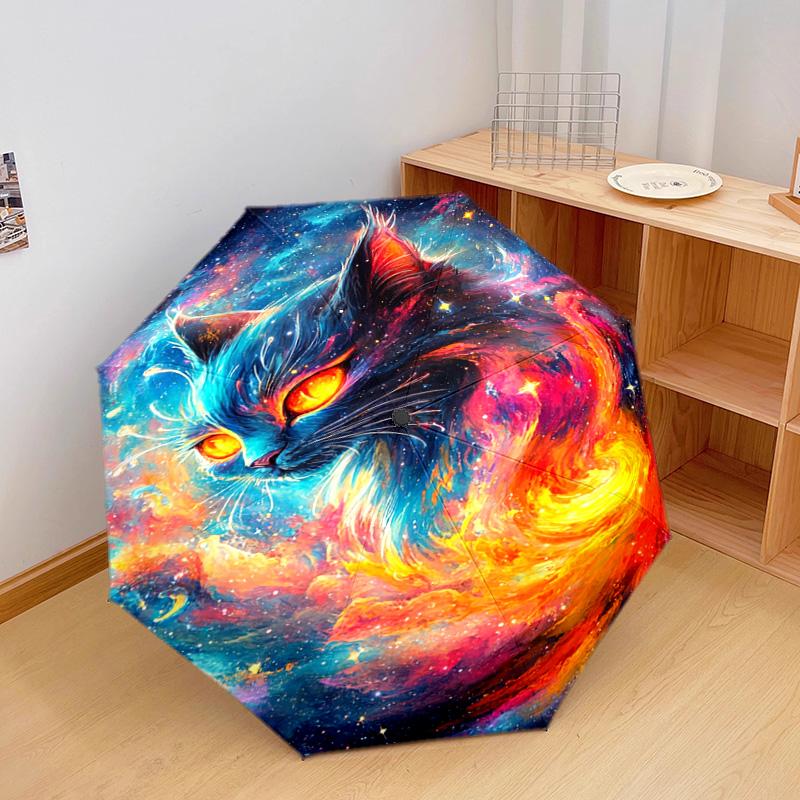 1 PC Automatic Folding Umbrella - Cosmic Cat Pattern, Portable & Foldable Design with 8 Ribs, Christmas Birthday Gifts