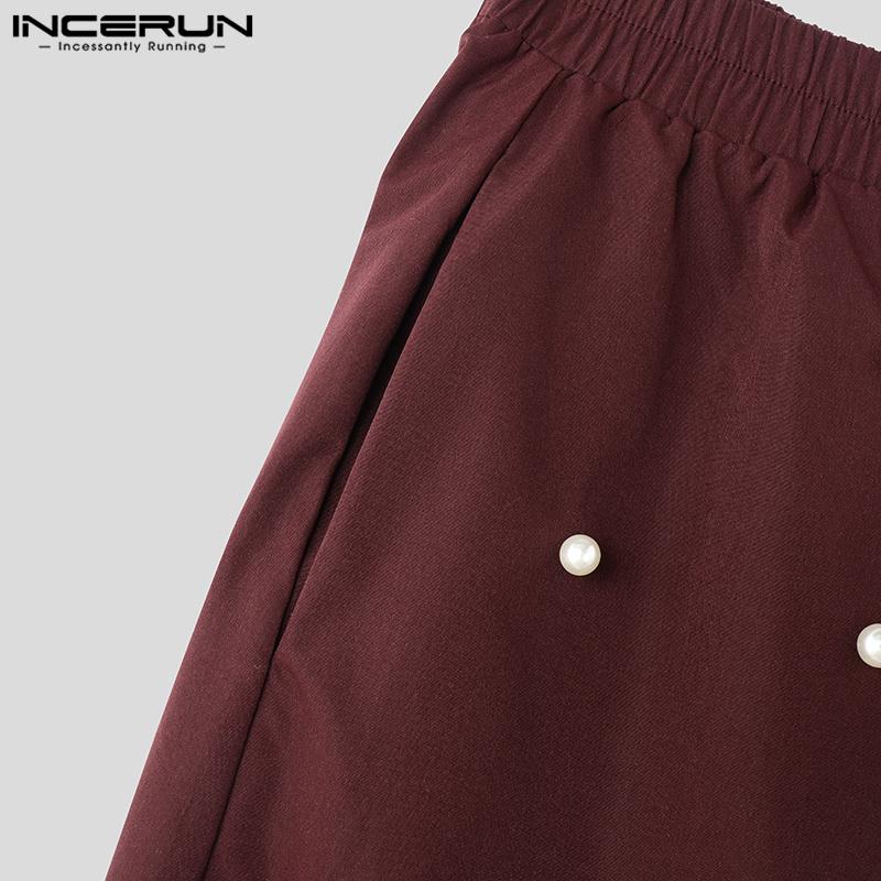 INCERUN Oversized Men Elastic Waist Front Pearl Decoration Patchwork Casual Long Pants Trousers 