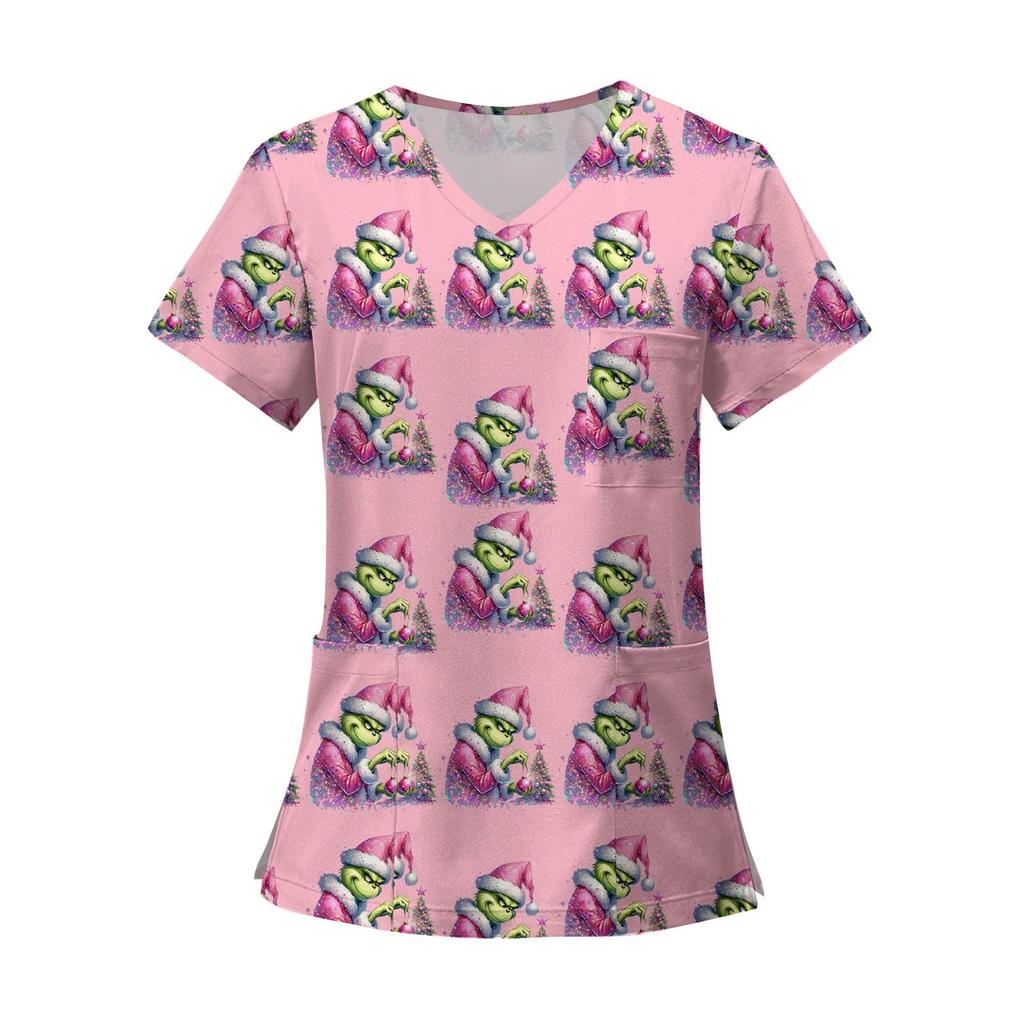 Women's Fashion Printed Short Sleeve V Neck Pattern Tops Pocket Working T-shirts