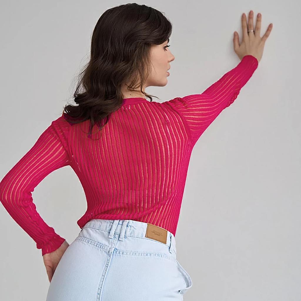 GMXIA Cut-out Knit Sweater Spring and Summer Sexy Slim Wool Round Neck Long-sleeved Thin Pit-stripe Knit Sweater