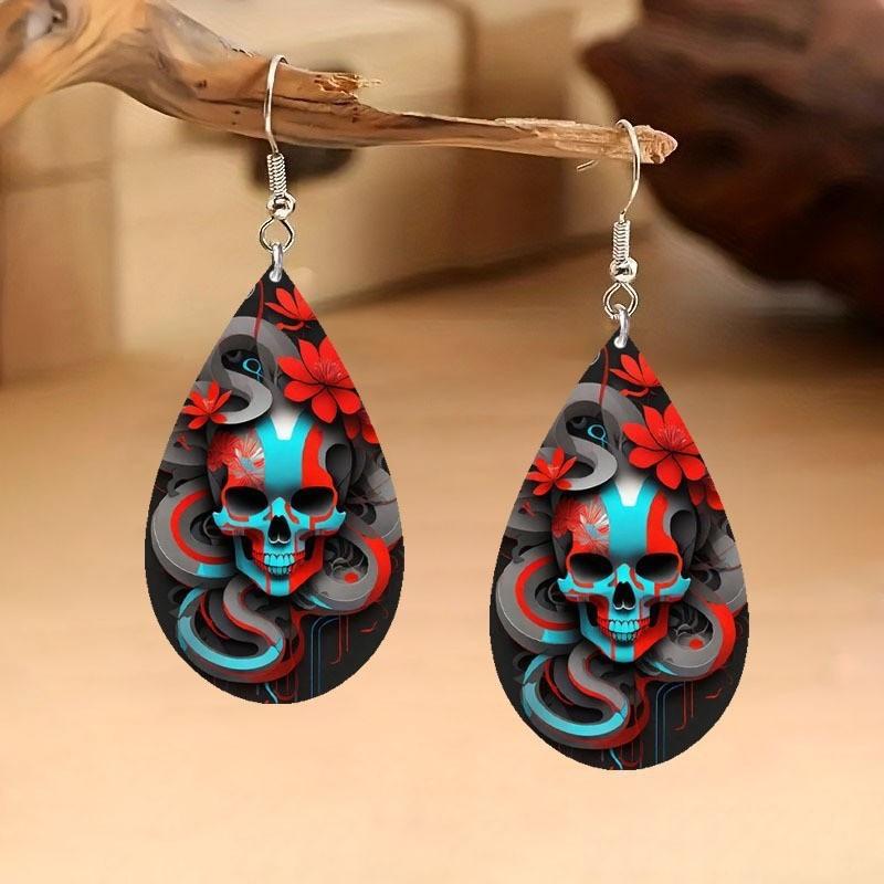 Flower Themed Halloween Skull Patterns Water Droplet Shaped Women Earrings