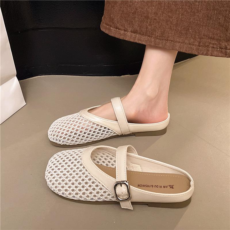 Mesh Bag Head Dragging Hole Shoes Mary Jane Half Slippers Women's Outer Wear Hollow Woven Fishing Net Shoes Non-slip Flat Sandals