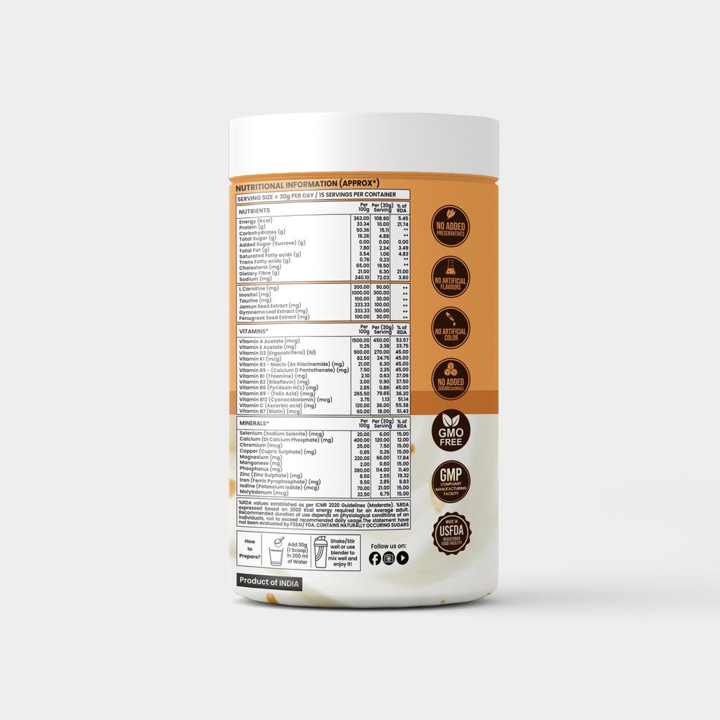 NutraMind Diabetes Care Protein, 450 g, Vanillegeschmack, Hoher Protein- & Ballaststoffgehalt, Unterstützt den Blutzuckerspiegel & das allgemeine Wohlbefinden