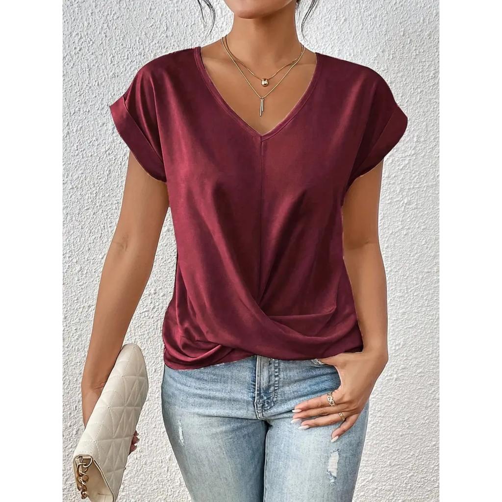 Women's V Neck Short Sleeve Slim Fit Tops Casual Blouses Solid Color Elegant Tshirt