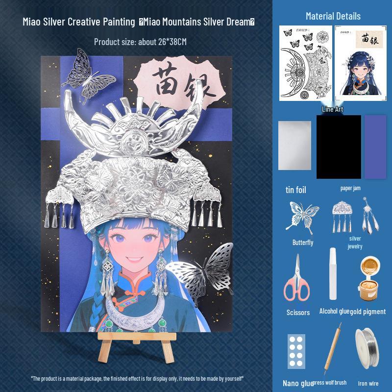 Xianci Miao Figure Painting: Handmade Silver Jewelry Tin Foil Embossed Art