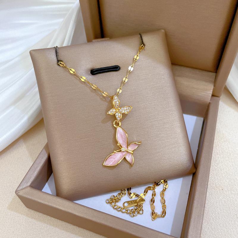 Full Diamond Oil Drop Butterfly Light Luxury Temperament Gorgeous Full Diamond Necklace Female Versatile Collarbone Chain Titanium Steel Chain