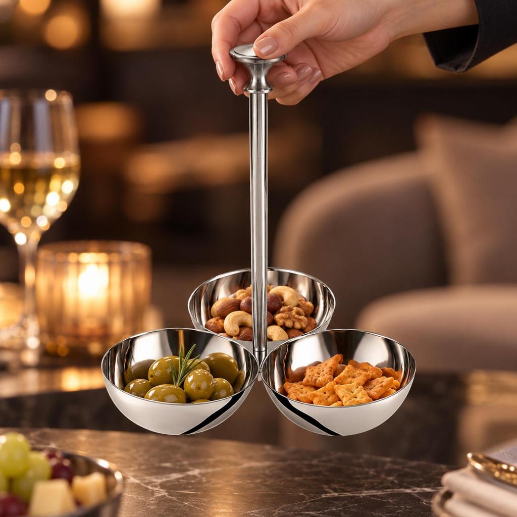 ThreeCompartment Stainless Steel Snack Stand with Bowls Polished Serving Bowl