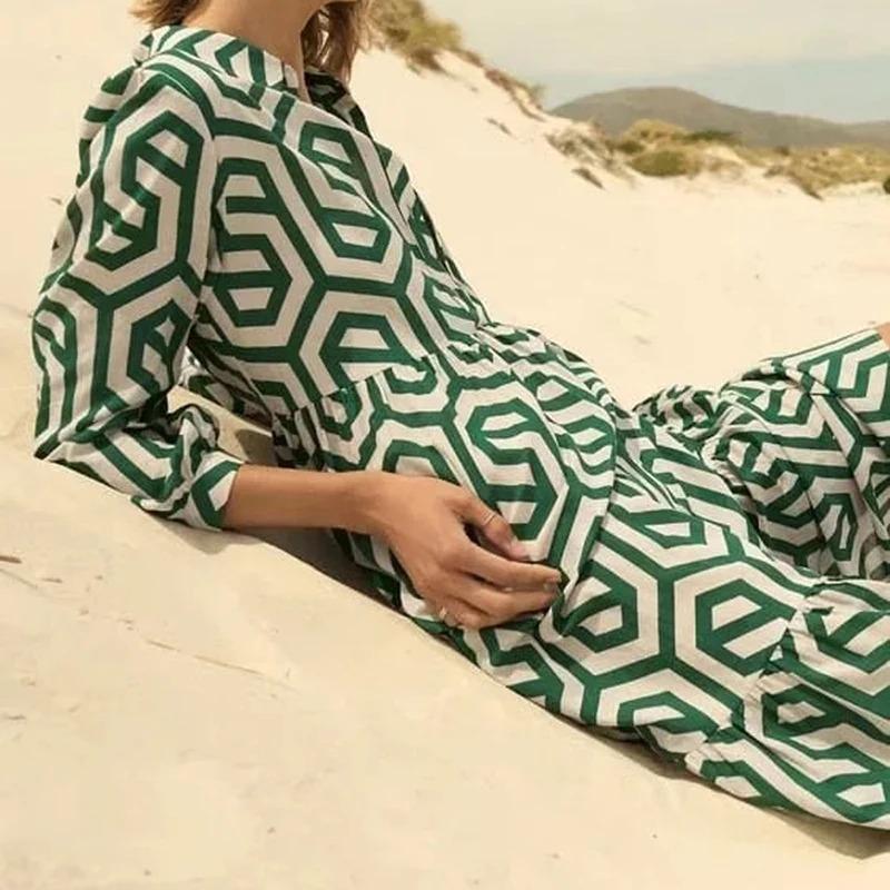 Geometrie Druck Midi Übergröße Lose Frauen Kleider Langarm Sommer Strand Dame Robe