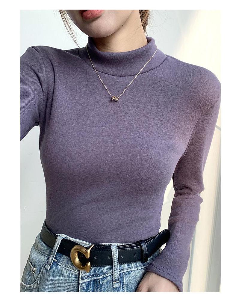 Women's Modal Velvet Half-High Collar Long-Sleeved Slim Warm Bottoming Shirt for Autumn and Winter