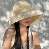 Women's Summer Crochet Straw Hat Wide Brim Ribbon Lace Edge Sun Hat Outdoor Seaside Foldable Sunshade Hat