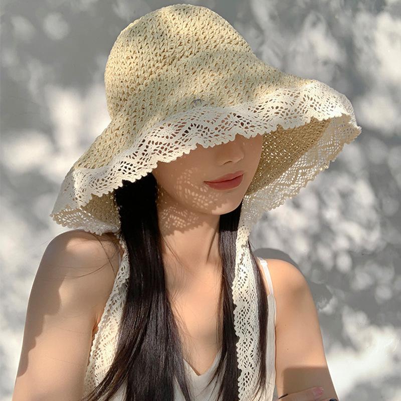 Women's Summer Crochet Straw Hat Wide Brim Ribbon Lace Edge Sun Hat Outdoor Seaside Foldable Sunshade Hat