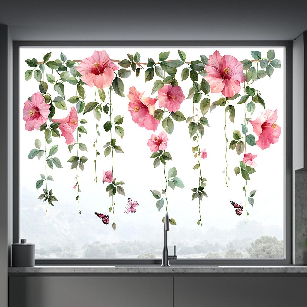 Fresh Pink Flower Branch Vine Window Glass Sticker Home Decor Wall Decal for Living Room Bedroom Self-Adhesive