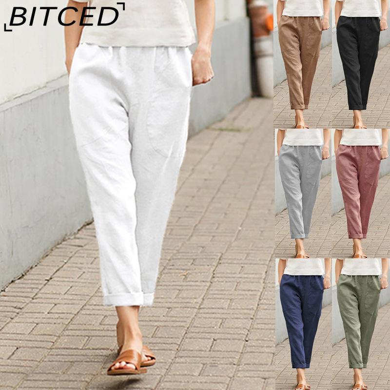 BITCED Women Summer Solid Color Double Pocket Trousers Loose Long Pants Female Cotton Linen Pants
