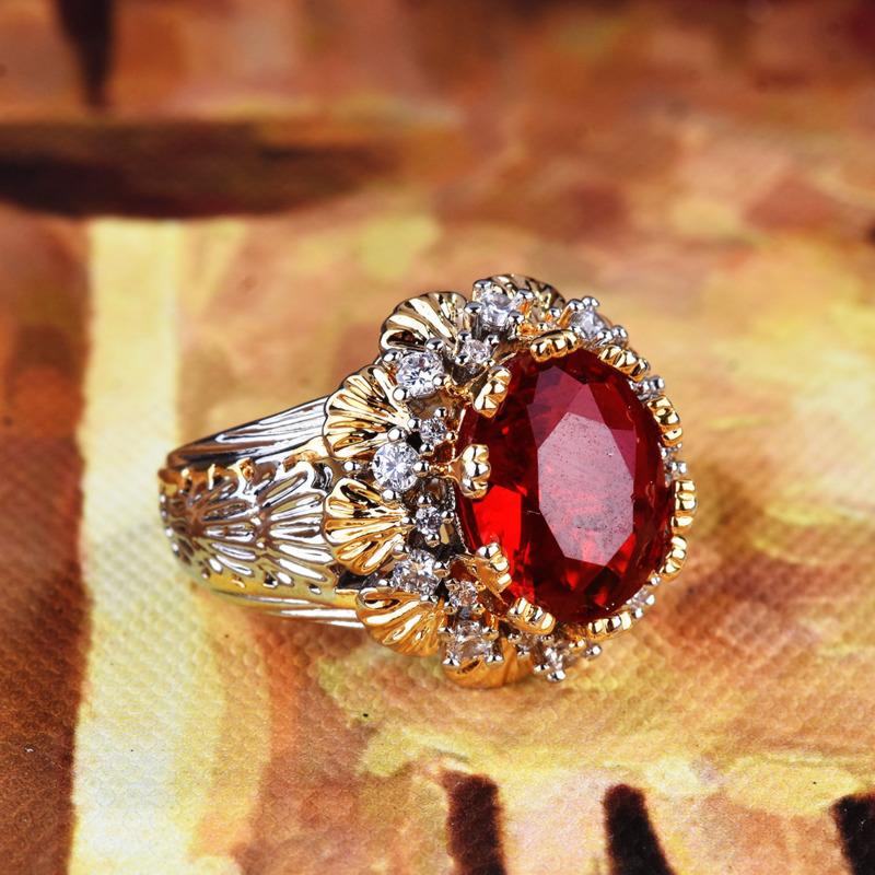 BELLA BOX Italský Vintage kartáčovaný Weave Gravírovaný zlatý rupie Rubínový prsten s korunkou vhodný pro ženy na denní párty módní šperky