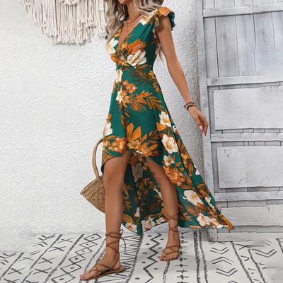 Primavera Verão Mulheres Férias Litoral Slim Fit Vestidos Sem Mangas Cintura Alta A-Line Decote Em V Estampa Floral Fenda Irregular Vestido Longo S-XL