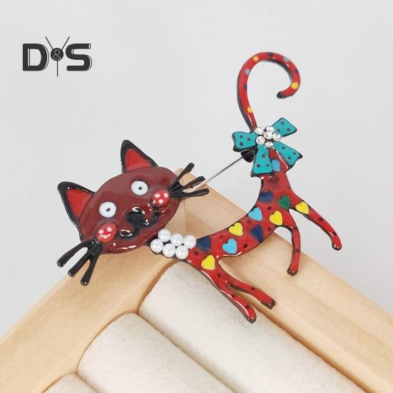 Adorable Cat Shape Brooch Colorful Enamel Faux Pearl Rhinestone Pin Suit Lapel Badge Casual Accessories