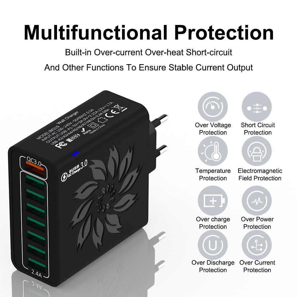 QC3.0 8-Port USB Fast Charger: 30W High Power, Colorful Flower Design, Compatible with US, European, and Korean Standards