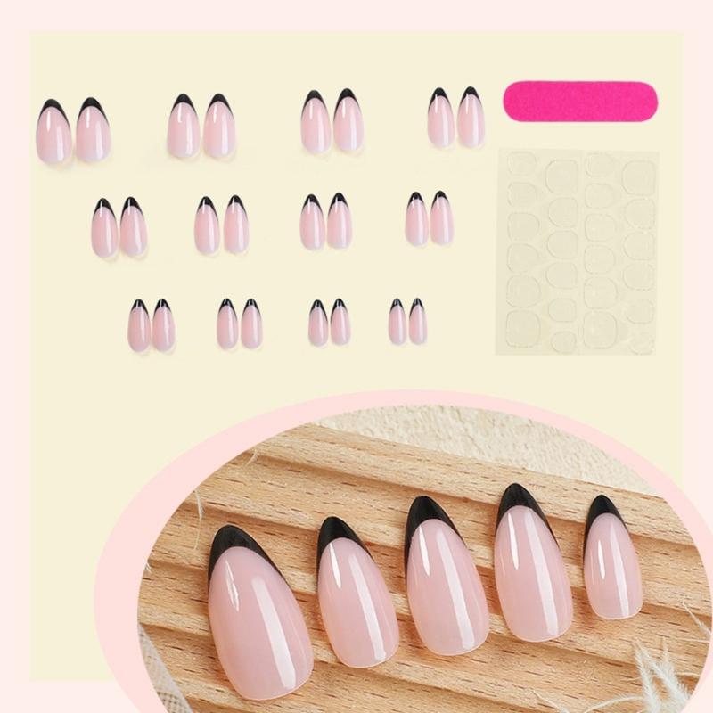 24 Pcs Short Almond Acrylic Nail Simple Full Cover Stick On Nail French Tip Press On Nail Simple False Nail