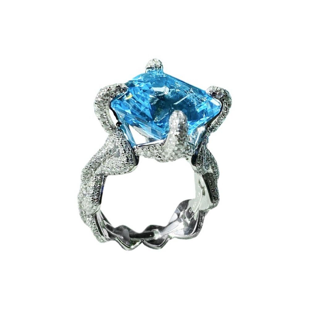 Open Ring Heavy Setting Asscher Cut Imitation Aquamarine Topaz Stone Women Ring Adjustable