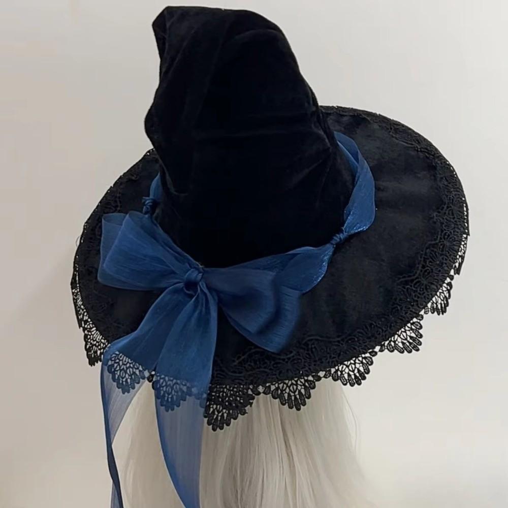 Lace Trim Wizard Hat Bandage Bow Lolita Bucket Hat New Witch Pointed Hat  Halloween Party