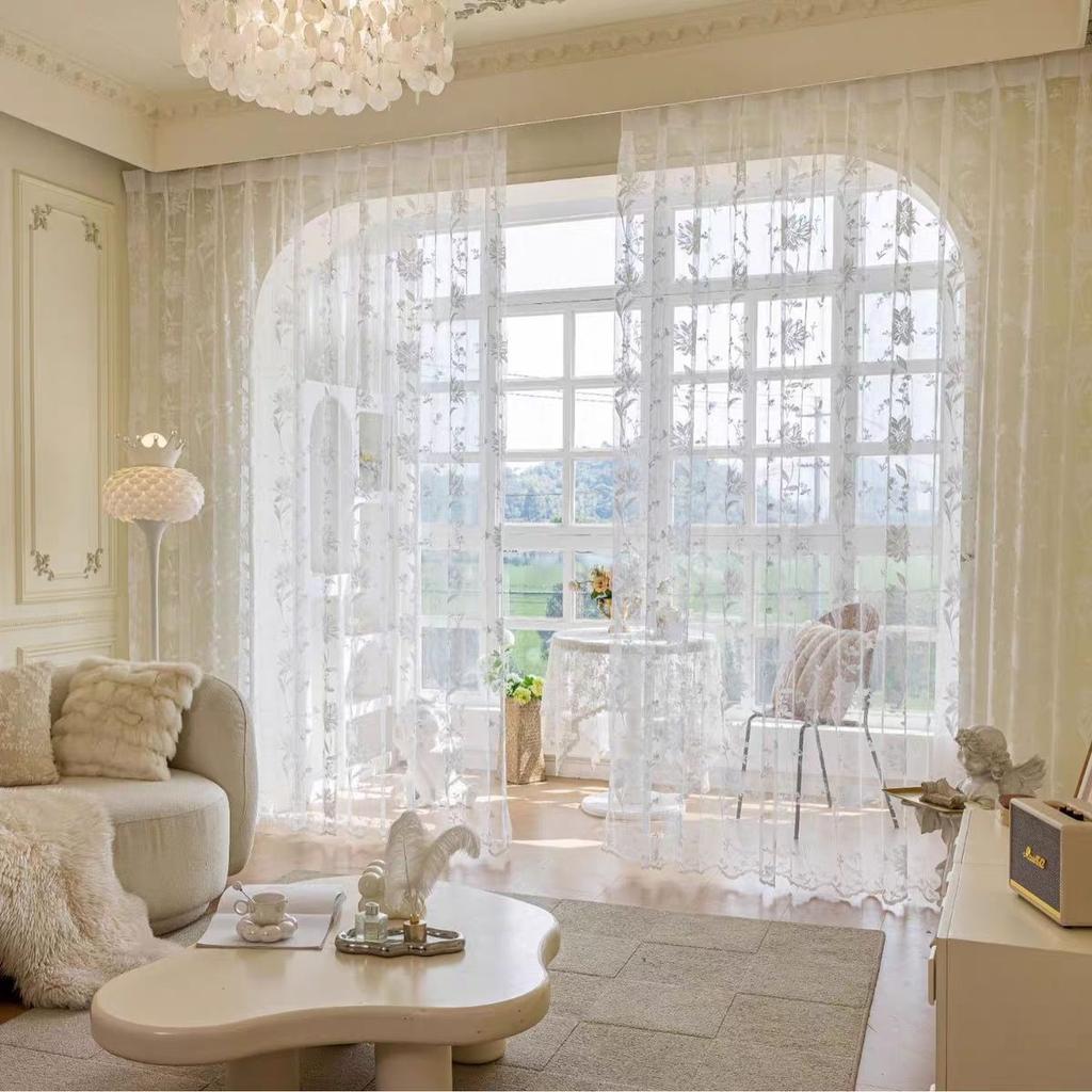 1pc Bohemian Sheer Lace Yarn Curtain Panel with Floral Patterns – Elegant Rod Pocket Window Drapery for Living Room or Bedroom