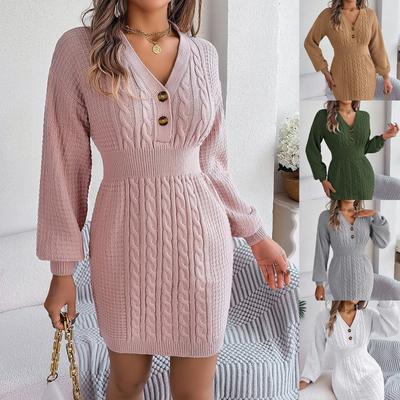 New Women's Autumn and Winter Button V-neck Knitted  Fried Dough Twists Lantern Sleeve Hip Wrapped Wool  Mini Sweater Dress Casual  Solid Party Dress