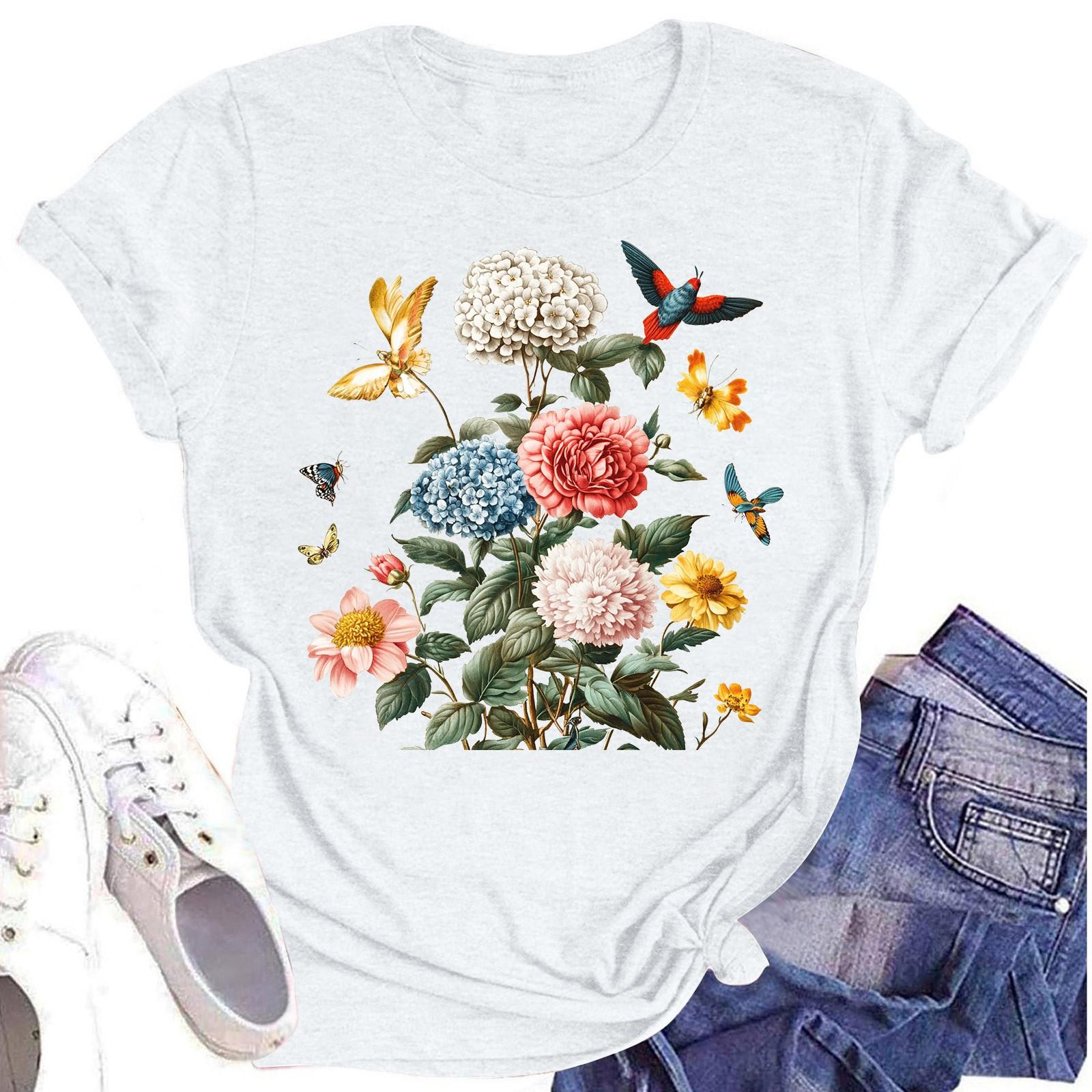 

Женская повседневная футболка с круглым вырезом и цветочным принтом, короткий рукав XL белый