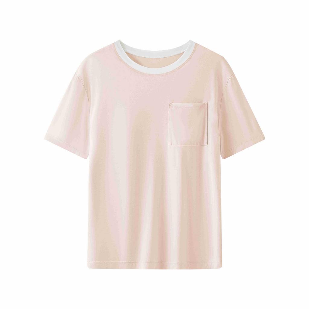 Ice Cloud Cool Feel Color-Blocked Round Neck Short Sleeve Pocket Pajamas with Cups