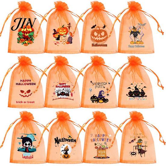 Halloween Candy Bag 12 Pcs Organza Bag, Drawstring Treat Pouch with Pumpkin Ghost Bat Party Favor Print, Sheer for Snacks, Trick or Gift Packaging