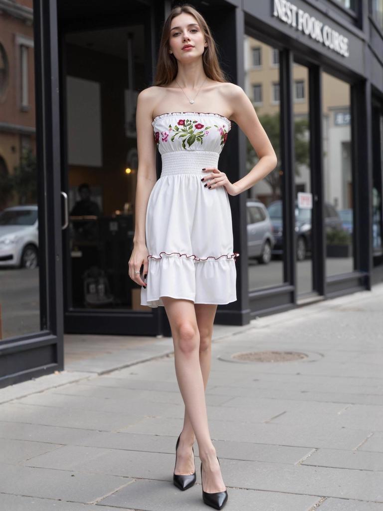 Retro Blumen-Patchwork-Tube-Top-Minikleid mit Rüschensaum für Sommer-Strandmode