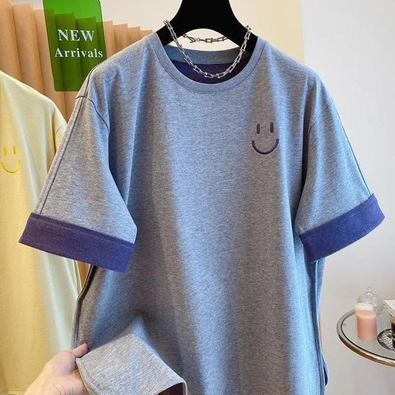 T-shirt Women Embroidery Summer Casual Large Size Loose Round Neck Pullover Short-sleeved Tops