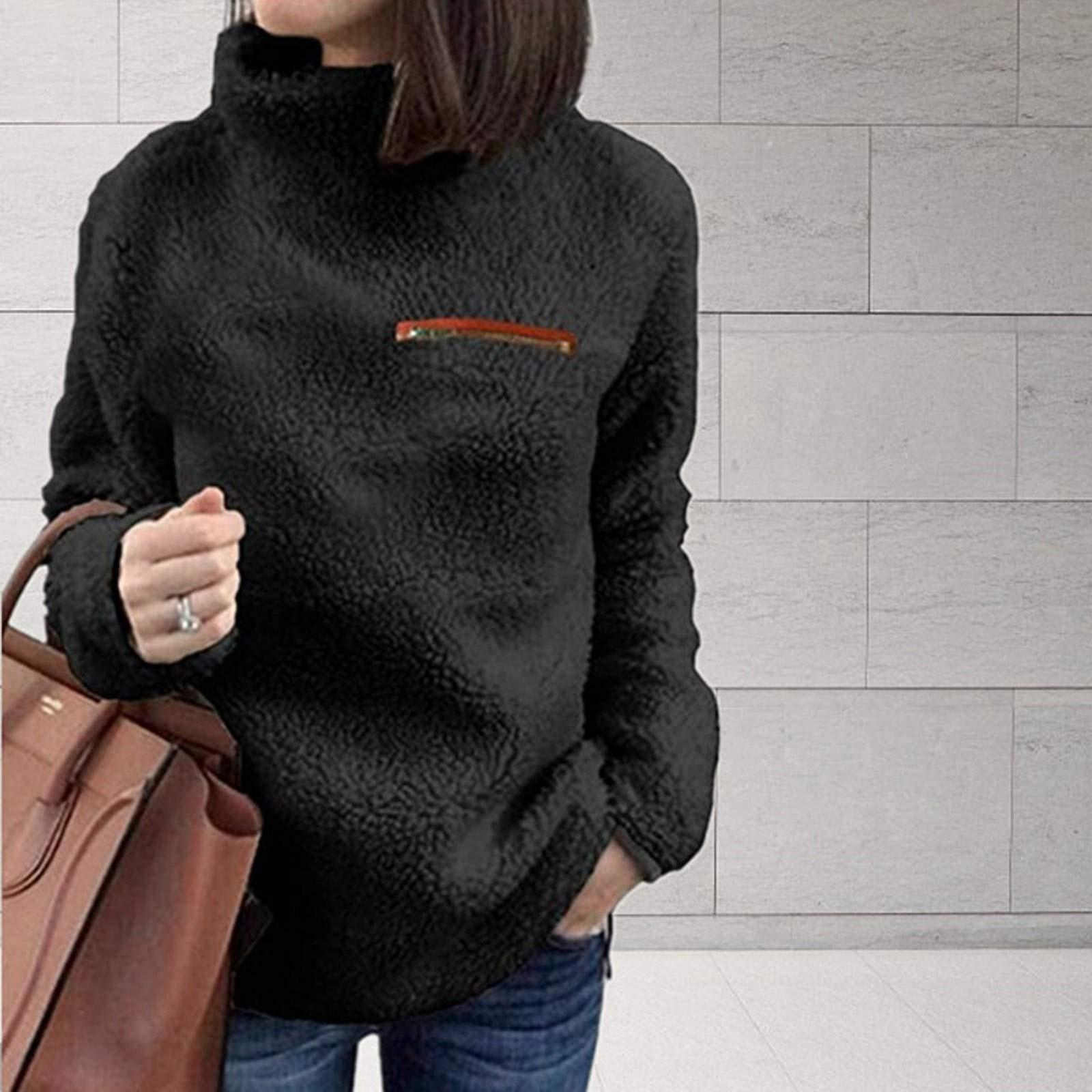 Женская однотонная толстовка с высоким воротником теплая длинная рукава пуловер плюшевая флисовая блузка с застежкой-молнией XL чёрный 1736₽