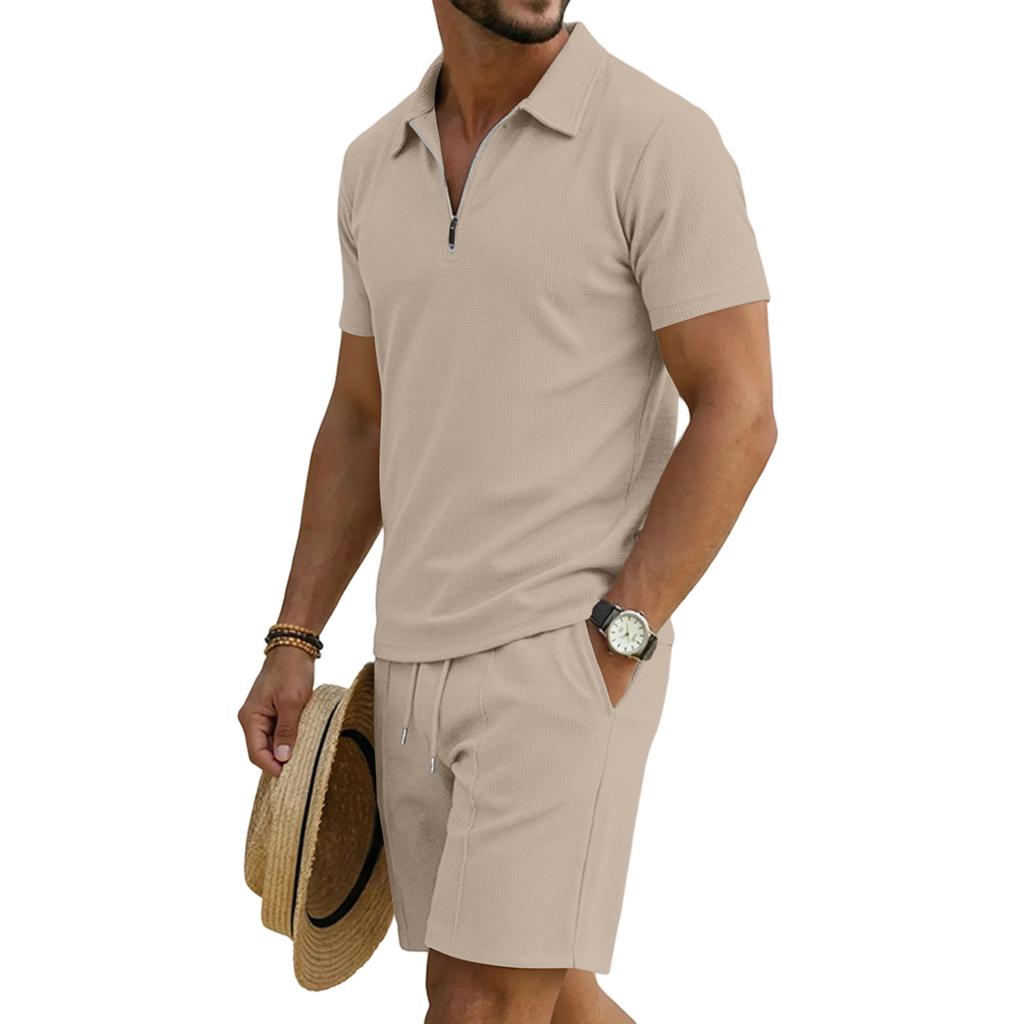 Men's Short Sleeve Polo Shirt and Shorts Set with Pockets Summer Casual Sportswear Lightweight Breathable Waffle Knit Fabric