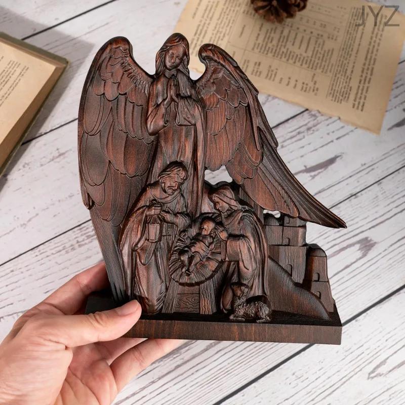 Wooden Holy Family with Guardian Angel Statue Ornament Catholic Religious Statue Home Decor