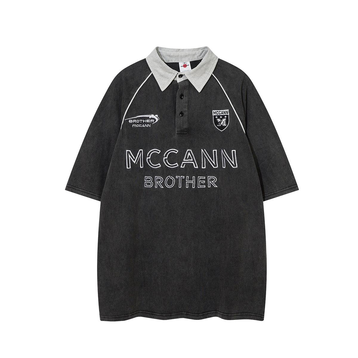Men s American short-sleeved POLO shirt heavy industry embroidery washing water old lapel T-shirt for men and women M