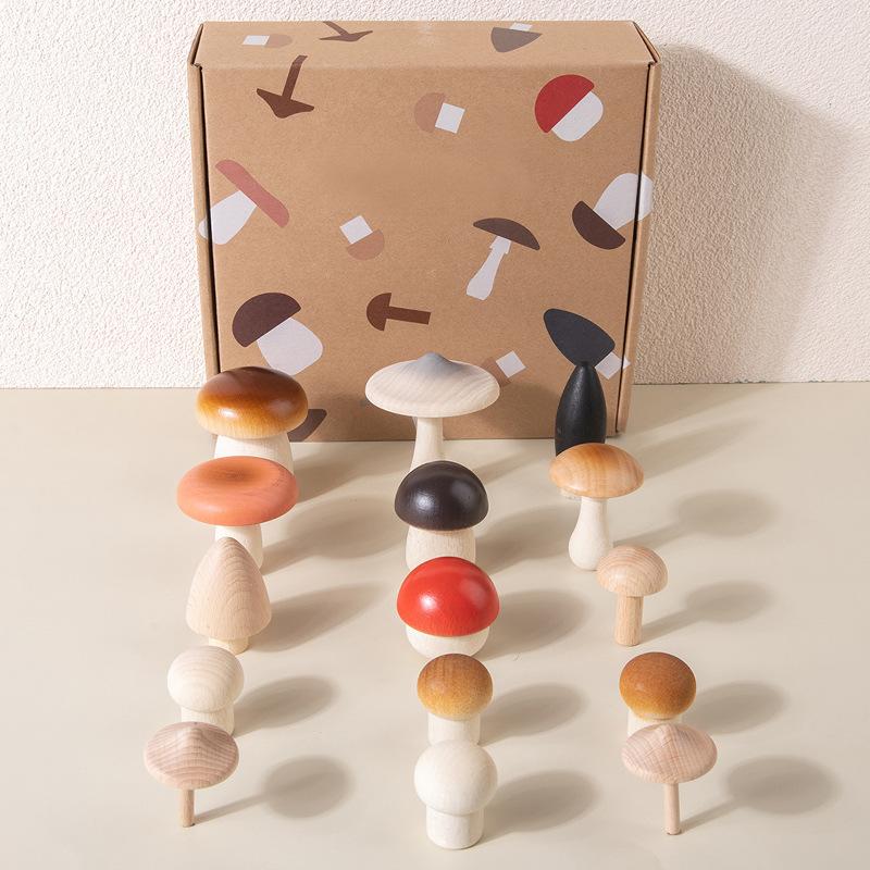 Dřevěná dětská simulační barevná kombinace ptačích vajec, lesní sběr hub, zábavná vejce, kachní vejce, sada hraček do domečku pro panenky