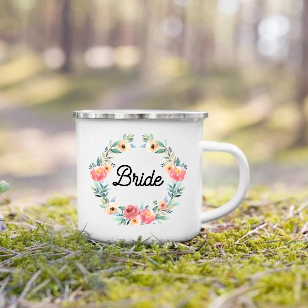 Bride Team Flower Print Enamel Mug Bachelorette Party Wine Juice Cup Bridesmaid Gift Coffee Cups Bridal Wedding Shower Gifts