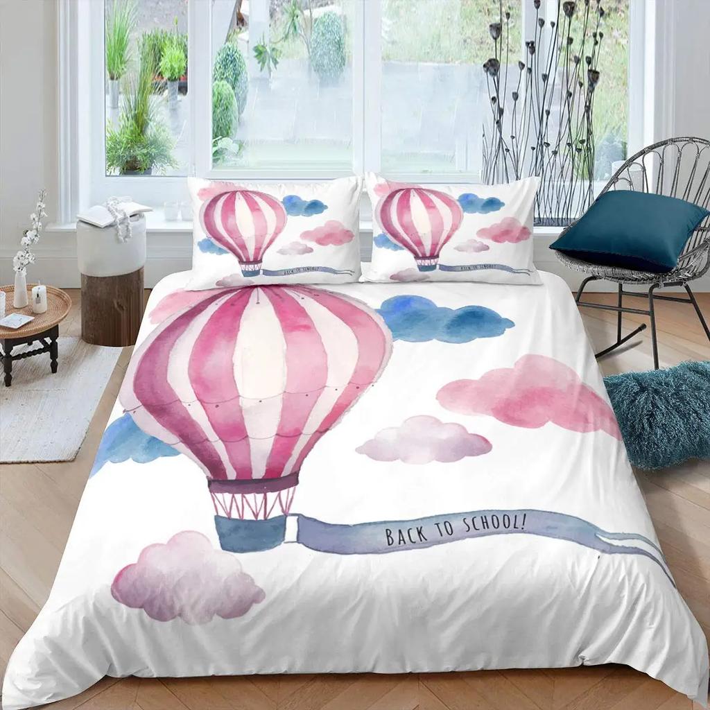 Airplane Cartoon Aircraft Duvet Cover For Boys Teens Air Balloon Aviation Parachute Blue Cloud Sky Seagull Nautical Birds