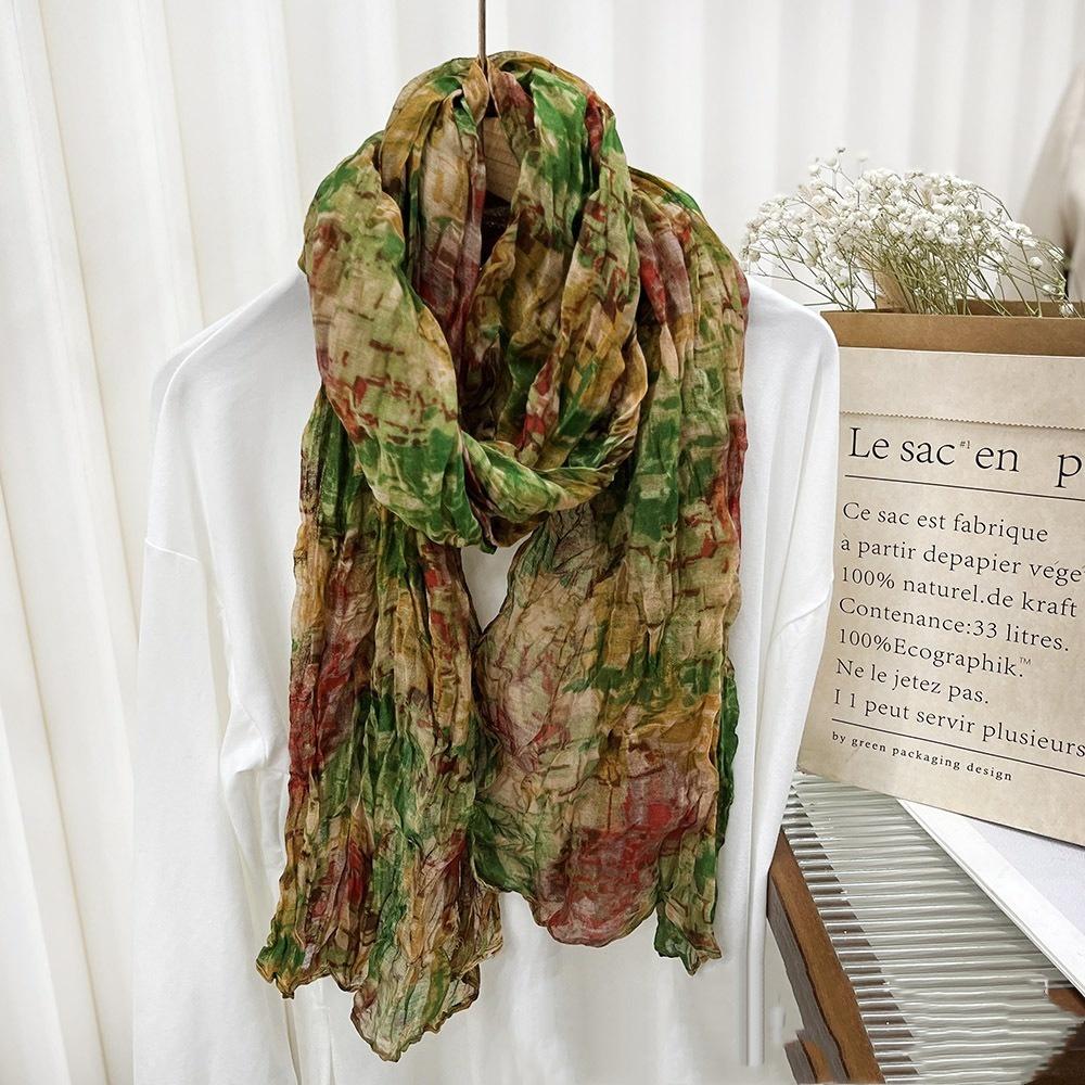 New Retro Literary Imitation Cotton And Linen Pleated Thin Versatile Shawl Small Floral Scarf Yarn Japanese Fashion Trend