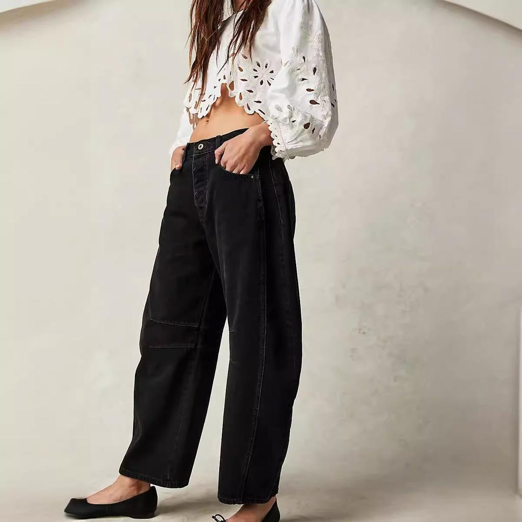 Washed Jeans Women Wide Leg Pants Denim High Waist Vintage Pockets Solid Basics Loose Fit Ankle Length Trousers