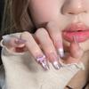 Taro Ice Blue Cat Eye Nail Art with Purple Bow & Glass Beads