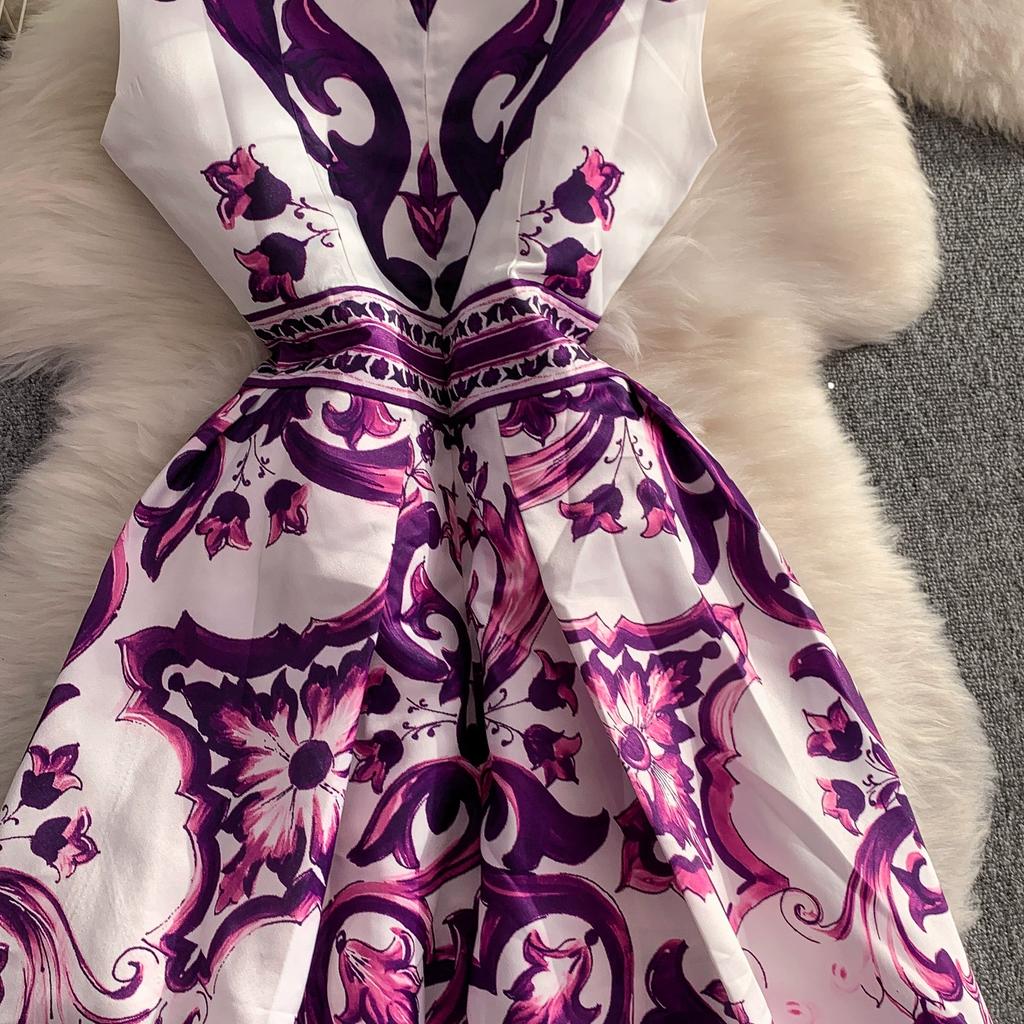 Summer Vintage Designer Print Blue White Porcelain Runway Dress Women Fashion Sleeveless Tank Midi Party Dresses