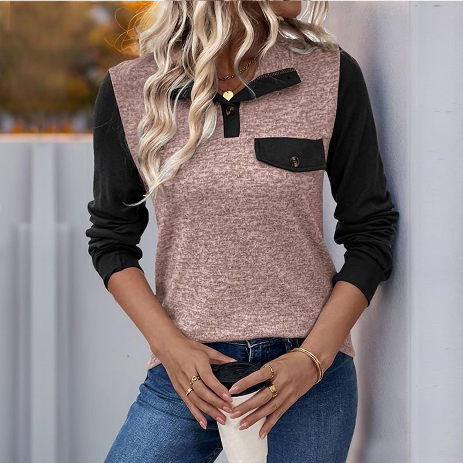 

Women s Contrast Color Stitching Top Pullover Lapel Button Casual All-match Top S рожевий