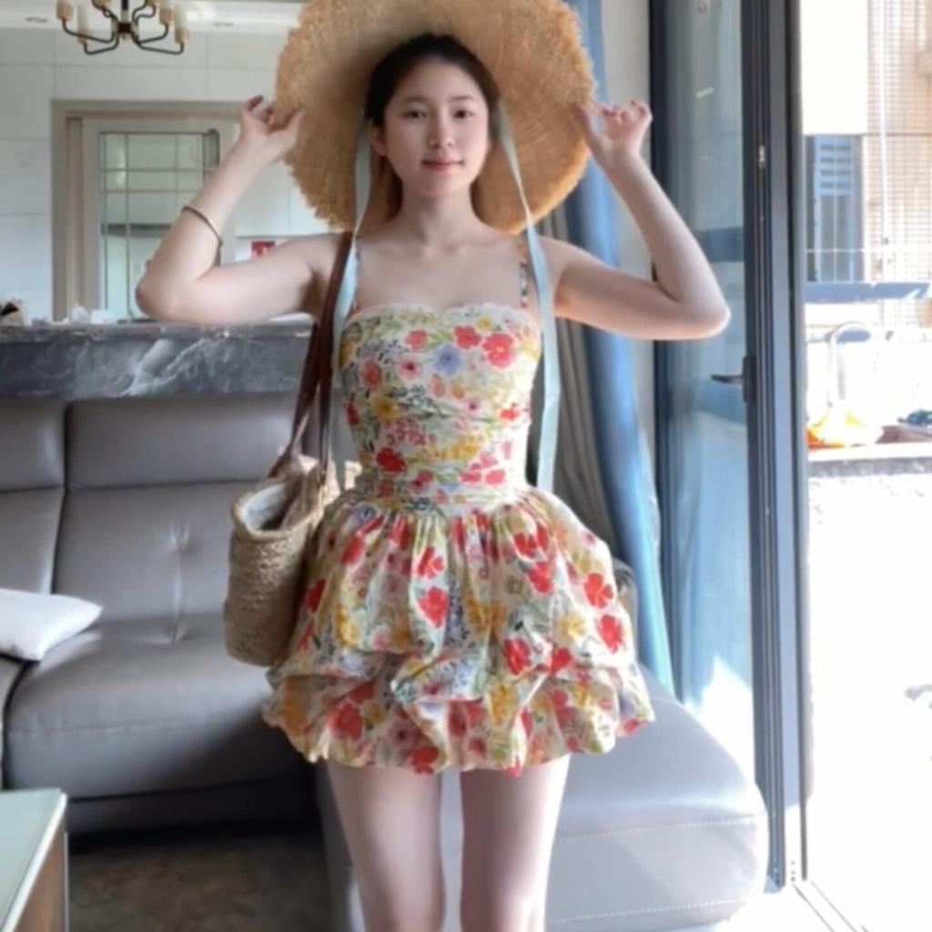 Dopamine Super Fairy Floral Suspender Dress Summer New Seaside Vacation Bud Waist Fluffy Short Skirt