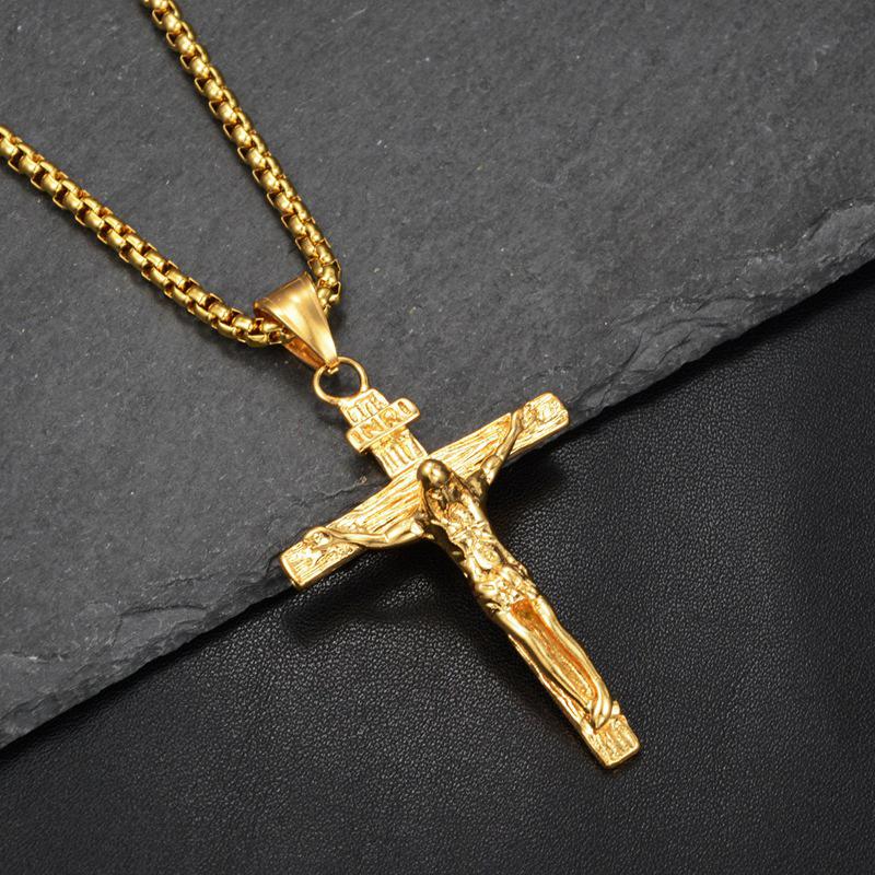 Collana Ciondolo Crocifisso INRI Gesù Croce Colore Oro Acciaio Inossidabile Catena per Collo da Uomo Gioielli Cristiani Cattolici