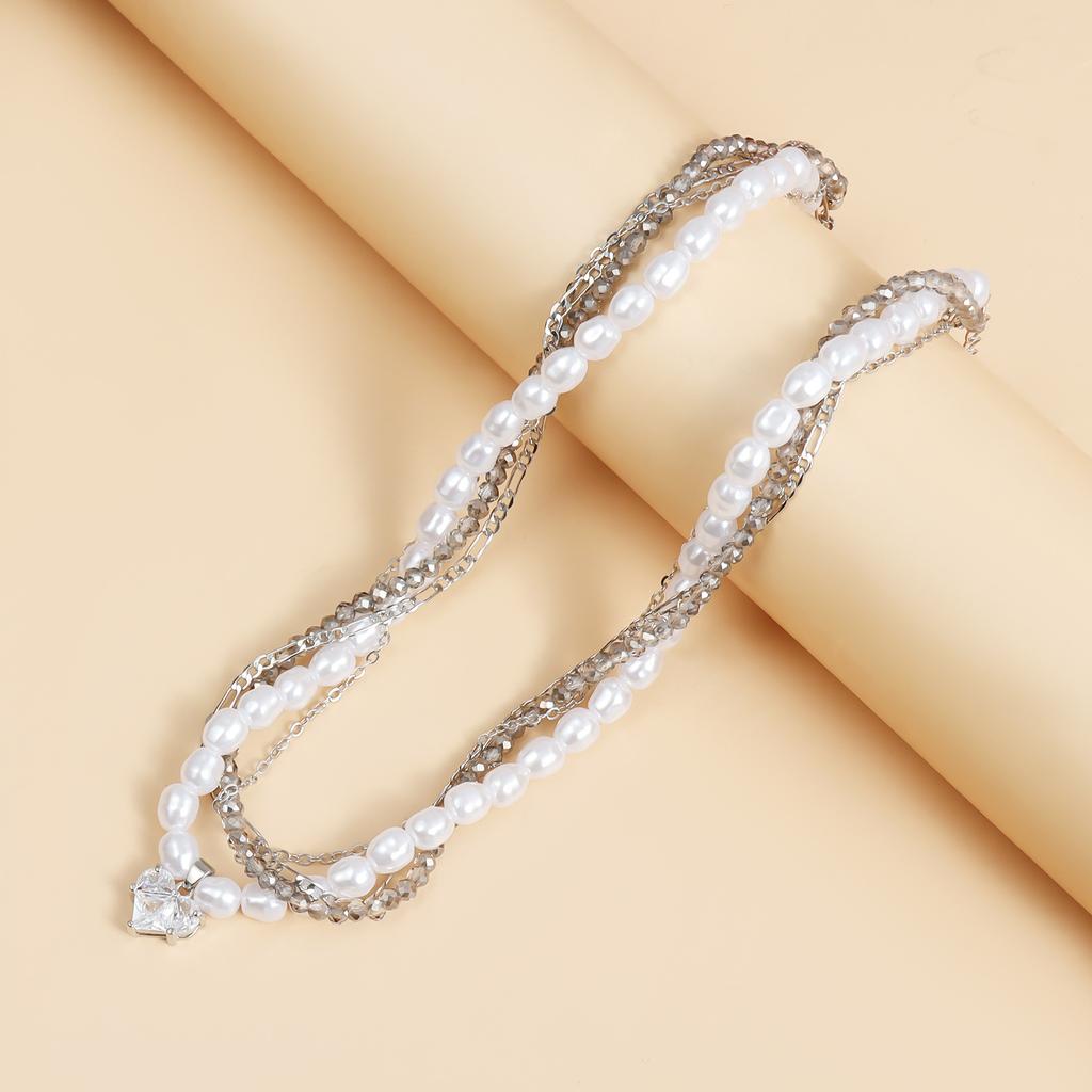 Jewelry Pearl Crystal Zircon Love Pendant Clavicle Chain Light Luxury Winding Multi-Layer Necklace Women
