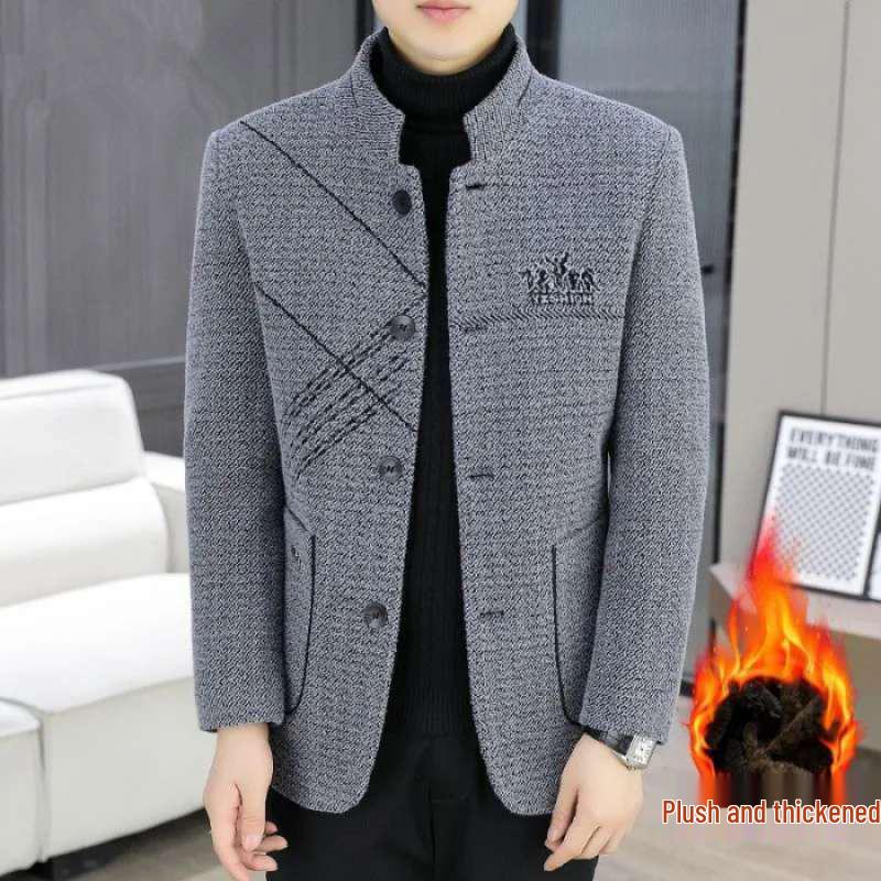 

Men s Autumn/Winter Stand-up Collar Wool Jacket - Thickened Zhongshan Suit for Middle-aged Dad L